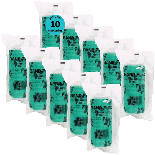 Atadura 10cm Verde Com Patinhas Band-Flex Autoadesiva Para Animais Farex Kit Com 10